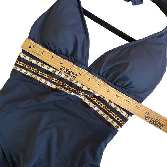 Michael Kors Halter One Piece Swimsuit - Chain Print Border Navy Size 6 NWT - Picture 12 of 16